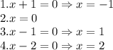 1. x+1=0\Rightarrow x=-1\\2.x=0\\3.x-1=0 \Rightarrow x=1 \\4.x-2=0 \Rightarrow x=2