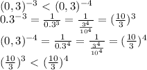 \\ (0,3)^{-3} \ \textless \ (0,3)^{-4} \\ 0.3^{-3}= \frac{1}{0.3^3}= \frac{1}{ \frac{3^4}{10^4} }= (\frac{10}{3})^3 \\ (0,3)^{-4} =\frac{1}{0.3^4}= \frac{1}{ \frac{3^4}{10^4} }= (\frac{10}{3})^4 \\ (\frac{10}{3})^3\ \textless \ (\frac{10}{3})^4