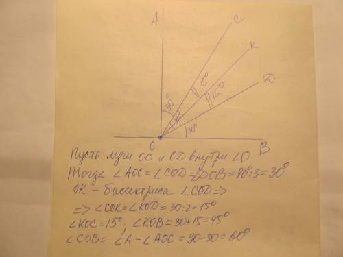 Угол aob равен 90 градусам, угол aoc = углу cod = углу dob. луч ok - бессектиса угла cod. найдите уг