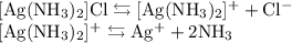 \begin{array}{l} \mathrm{[Ag(NH_{3})_{2}]Cl \leftrightarrows [Ag(NH_{3})_{2}]^{+} + Cl^{-}} \\ \mathrm{[Ag(NH_{3})_{2}]^{+} \leftrightarrows Ag^{+} + 2NH_{3}} \end{array}