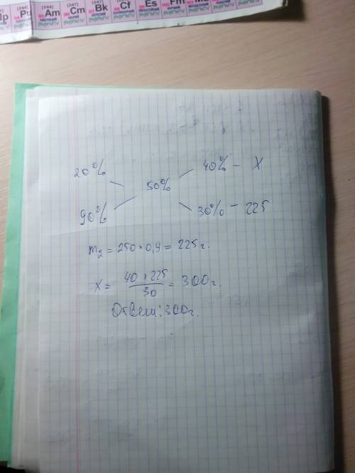 Сколько граммов 20%-ного раствора кон надо прибавить к 250г 90%-ного раствора, чтобы получить 50%-ны