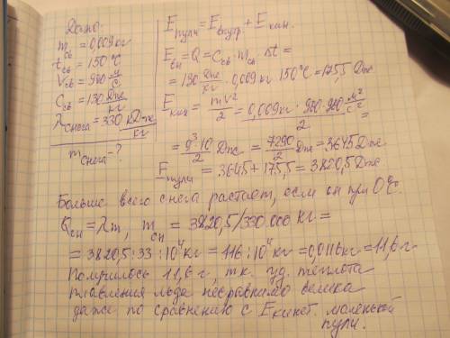 Свинцовая пуля массой 9 г, в результате трения о воздух нагревшаяся до температуры 150 градусов,имел