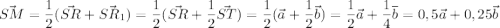 \vec{SM} = \dfrac{1}{2}( \vec{SR} + \vec{SR_1} ) = \dfrac{1}{2} (\vec{SR} +\dfrac{1}{2}\vec{ST} ) =\dfrac{1}{2} (\vec{a} +\dfrac{1}{2}\vec{b} ) =\dfrac{1}{2} \vec{a} +\dfrac{1}{4}\overline{b}= 0,5\vec{a} +0,25 \vec{b}