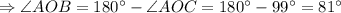 \Rightarrow \angle AOB = 180^{\circ} - \angle AOC = 180^{\circ} - 99^{\circ} = 81^{\circ}