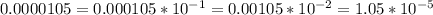 0.0000105=0.000105*10^{-1}=0.00105*10^{-2}=1.05*10^{-5}