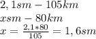 2,1 sm-105 km \\ &#10;x sm - 80km \\ &#10;x= \frac{2,1*80}{105} =1,6sm