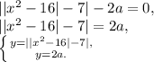 ||x^2-16|-7|-2a=0,\\||x^2-16|-7|=2a,\\\left \{ {{y=||x^2-16|-7|,} \atop {y=2a.}} \right.