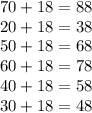 70+18=88 \\ &#10;20+18=38 \\ &#10;50+18=68 \\ &#10;60+18=78 \\ &#10;40+18=58 \\ &#10;30+18=48