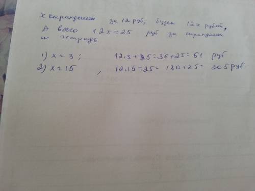 Мальчик купил х карандашей по 12 руб. и 1 тетрадь за 25 руб. составьте формулу для вычисления стоимо