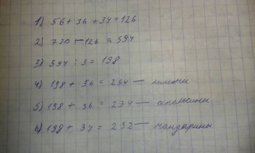 Вмагазине имеются лимоны апельсины и мандарины всего 720 кг.еслиб продали 56 кг лимонов 36 кг апельс