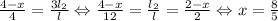 \frac{4-x}{4}=\frac{3l_{2}}{l}\Leftrightarrow \frac{4-x}{12}=\frac{l_{2}}{l}=\frac{2-x}{2}\Leftrightarrow x=\frac{8}{5}