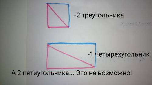 Втреугольнике нужно-провести две линии чтобы получилось 2 треугольника 1 четырехугольник 2 пятиуголь