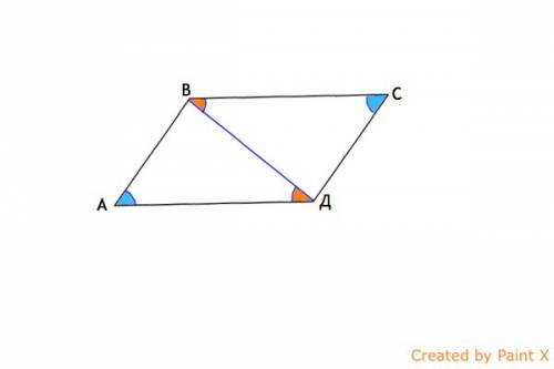 Вчетырехугольнике две противоположные стороны образуют с одной из диагоналей равные углы известно чт