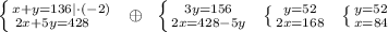 \left \{ {{x+y=136|\cdot (-2)} \atop {2x+5y=428\quad }} \right.\; \; \oplus \; \; \left \{ {{3y=156} \atop {2x=428-5y}} \right.\; \; \left \{ {{y=52} \atop {2x=168}} \right.\; \; \left \{ {{y=52} \atop {x=84}} \right.