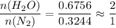 \dfrac{n(H_{2}O)}{n(N_{2})} = \dfrac{0.6756}{0.3244} \approx \dfrac{2}{1}