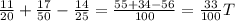 \frac{11}{20}+\frac{17}{50}-\frac{14}{25}&#10;=\frac{55+34-56}{100}=\frac{33}{100}T