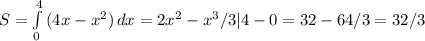 S= \int\limits^4_0 {(4x-x^2)} \, dx =2x^2-x^3/3|4-0=32-64/3=32/3