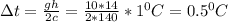 \Delta t= \frac{gh}{2c} = \frac{10*14}{2*140} *{1}^0C=0.5{}^0C