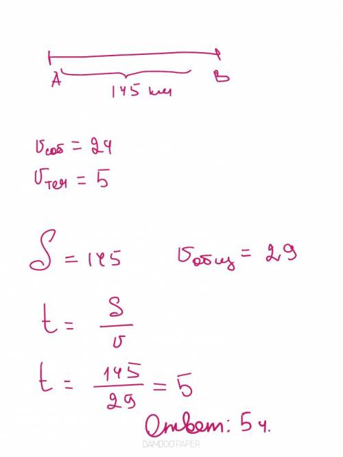 Собственная скорость теплохода 24 км/ч. скорость течения реки 5 км/ч. сколько времени затратил тепло