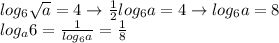 log_6\sqrt{a}=4\to\frac{1}{2}log_6a=4\to log_6a=8\\log_a6=\frac{1}{log_6a}=\frac{1}{8}