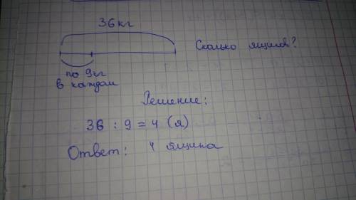 Вшкольный буфет в ящиках 36 кг яблок, по 9 кг в каждом ящике.сколько ящиков яблок в буфет.составить