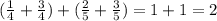 ( \frac{1}{4 } + \frac{3}{4} ) + ( \frac{2}{5} + \frac{3}{5} ) = 1 + 1 = 2