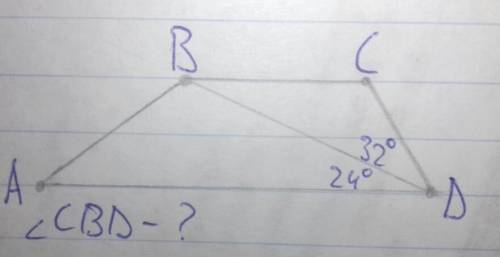 На рисунке изображена трапеция abcd.используя данные,указанные на рисунке(угол cdb=32,adb=24) найдит