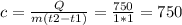 c= \frac{Q}{m(t2-t1)} = \frac{750}{1*1} = 750