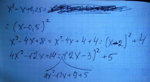 Выделите из трёхчлена квадрат двучлена: 1) x^2-x+0,25 2) x^2-4x+8 3) 4x^2-12x+14