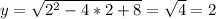 y= \sqrt{2^2-4*2+8}= \sqrt{4} =2