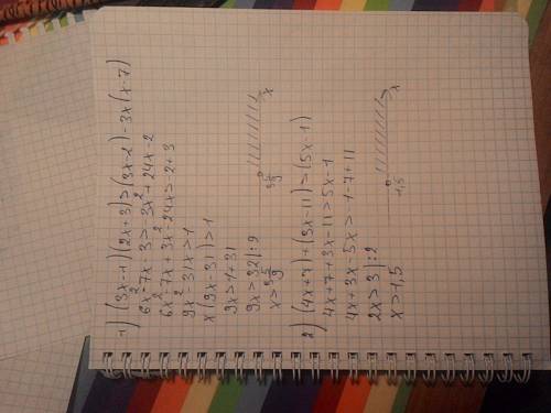 1)(3x-1) (2x+3)больше (3x-2)- 3x(x-7 ) 2)(4x+7)+(3x-11)больше (5x-1) решите неравенство