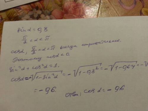 Найдите cos⁡α, если sin⁡α=0,8 и 1/2 π