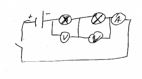 Начертите схему цепи, состоящую из источника тока, ключа, двух лампочек, амперметра и двух вольтметр