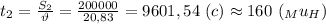 t_2= \frac{S_2}{\vartheta} = \frac{200000}{20,83} =9601,54 \ (c)\approx160 \ (_Mu_H)