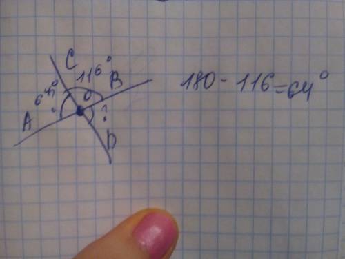 Прямые ab и cd в точке о, причем угол сов=116°.вычислите градусную меру угла , сторонами которого яв