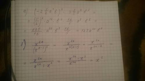 Выражение: а) (-2 1/2a^3b)^4 * 3 1/5a^8b^5; б) x^2n: (x^n-1)^2.