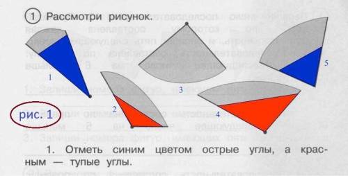 Отметь синим цветом острые углы ,а красным тупые углы