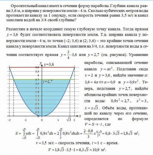 Оросительный канал имеет в сечении форму параболы. глубина канала равна 3,6 м , а ширина у поверхнос