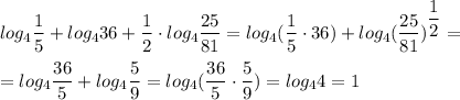 \displaystyle log_{4}\frac{1}{5} +log_{4}36+\frac{1}{2} \cdot log_{4}\frac{25}{81}=log_{4}(\frac{1}{5}\cdot 36) + log_{4}(\frac{25}{81})^{\dfrac{1}{2}}=\\\\=log_{4}\frac{36}{5} + log_{4}\frac{5}{9}=log_{4}(\frac{36}{5}\cdot \frac{5}{9})=log_{4}4=1