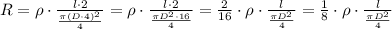 R=\rho \cdot \frac{l\cdot 2}{\frac{ \pi (D\cdot 4)^2}{4}}=\rho \cdot \frac{l\cdot 2}{\frac{ \pi D^2\cdot 16}{4}}= \frac{2}{16}\cdot \rho \cdot \frac{l}{\frac{ \pi D^2}{4}}=\frac{1}{8}\cdot \rho \cdot \frac{l}{\frac{ \pi D^2}{4}}