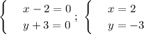 \begin{cases}&#10;& \text{ } x-2=0 \\ &#10;& \text{ } y+3=0&#10;\end{cases};\,\,\begin{cases}&#10;& \text{ } x=2 \\ &#10;& \text{ } y=-3 &#10;\end{cases}