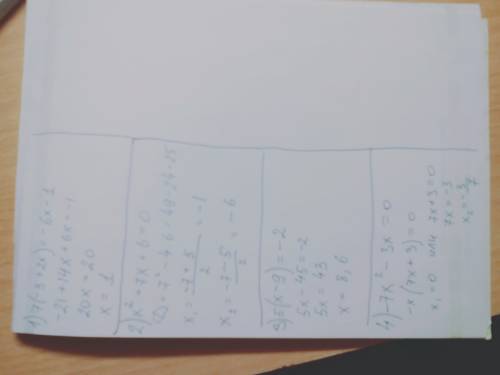 1) 7(-3+2x)=-6x-1 2) x^2+7x+6=o 3) 5(x-9)=-2 4) -7x^2-3x=o