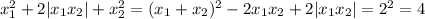 x^2_1+2|x_1x_2|+x^2_2=(x_1+x_2)^2-2x_1x_2+2|x_1x_2|=2^2=4