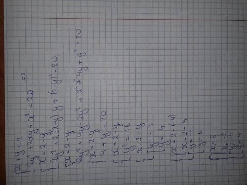 Реши систему уравнений {x+y=2 {2y^2+2xy+x^2=20