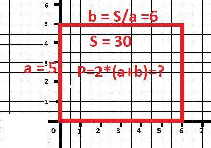 Площадь прямоугольника равна 30см2, одна сторона равна 5 см найди его пиримитр .