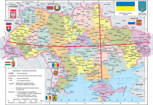 Визначити протяжність україни в градусах і кілометрах з півночі на південь (меридіан 34 градуси схід