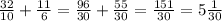 \frac{32}{10} + \frac{11}{6} = \frac{96}{30} + \frac{55}{30} = \frac{151}{30} = 5 \frac{1}{30}