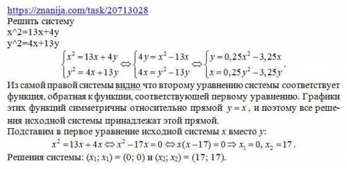 Решить систему x^2=13x+4y y^2=4x+13y