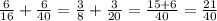 \frac{6}{16} + \frac{6}{40} = \frac{3}{8} + \frac{3}{20} = \frac{15+6}{40} = \frac{21}{40}