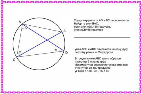 Хорды ad и bc пересекаются. найдите угол bac, если угол adc=35 градусов, угол acd=65градусов